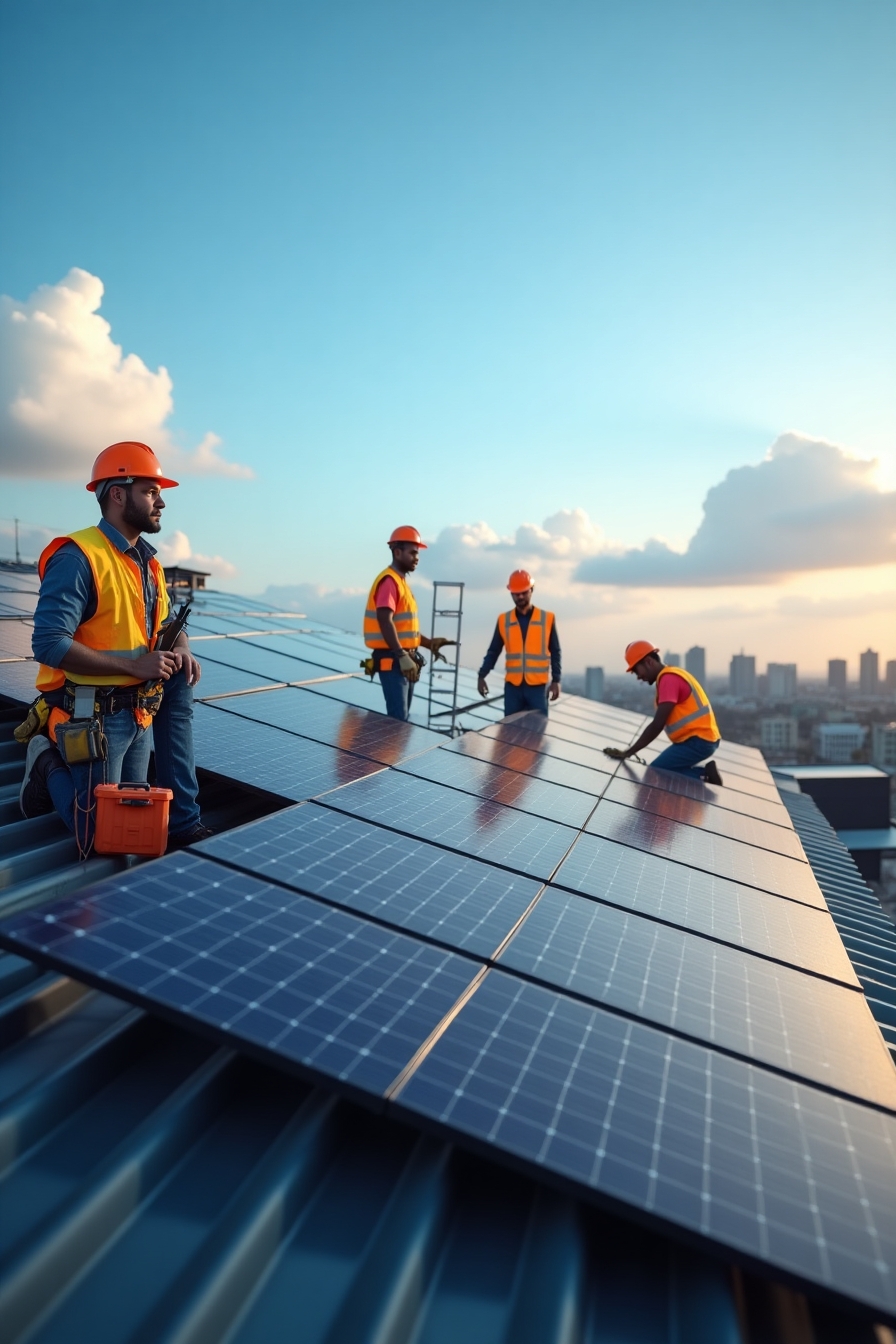 Solar panels installation at sunrise